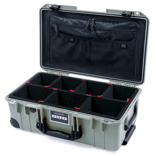 Pelican Air 1535 Carry-On Sage Green - Medium Size Waterproof Case with TrekPak Kit and Combo Lid Organizer - Black Handles, Latches & Trolley