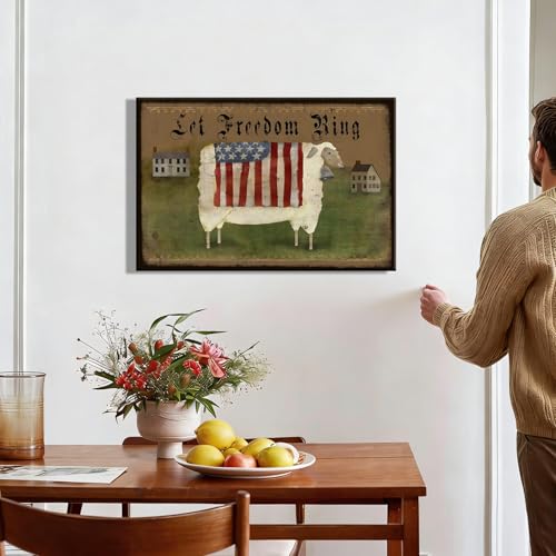 Image of RIBNTAK Americana Farmhouse Canvas Wall Art, Rustic God Bless America Sheep Pictures with USA Flag Artwork Patriotic Country Decor for Living Room Entryway Bedroom