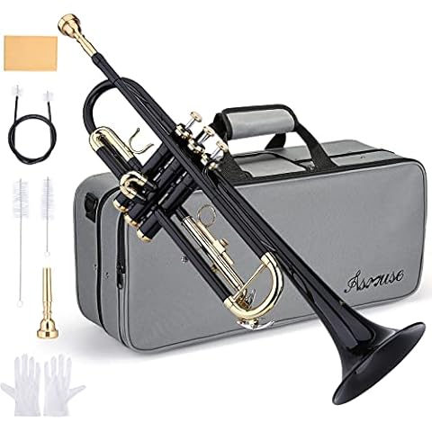 Asmuse Bb Trumpet Set Standard Brass Musical Instruments, Trumpets for Beginner Student with Trumpet Mouthpiece, Hard Case, Gloves, Cleaning Brush and Cloth Black Cover
