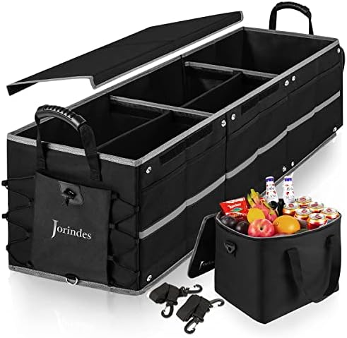 Collapsible Trunk Organizer for Car with Insulated Leak proof Cooler Bag, 3 Compartments SUV Cargo Organizer Removable Dividers, 5 in1 Car Storage Organizer with Foldable Lid,2 Tie-Down Straps(Black)