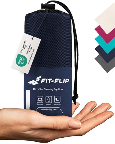 Fit-Flip Drap de Sac de Couchage Microfibre - a Viande de 310 g avec Compartiment Oreiller ajouté - Microfibre - 1 Personne - Drap de Voyage Leger (Couleur: Bleu Foncé)
