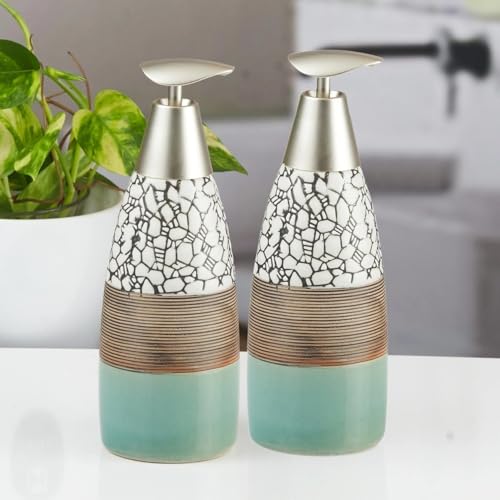 Image of SaSaSa Ceramic Soap Dispenser with Stylish Refillable Pump Bottle for Bathroom Handwash & Kitchen Wash Basin, Perfect for Hand Soap, Lotion and Shampoo, Green, (Set of 2) (12055)