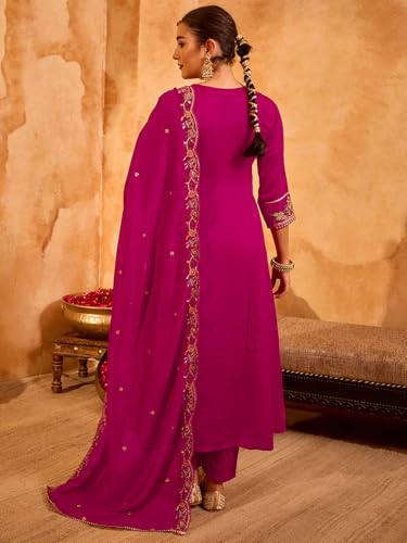 Image of Naixa Women's Vichitra Silk Embroidered Flared Kurta with Pant and Dupatta Sets (NX5-695)