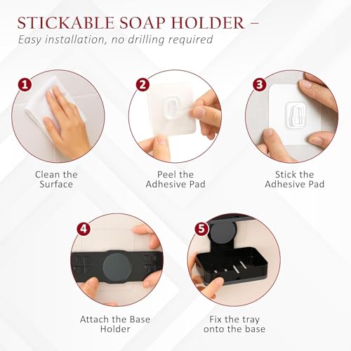 Image of Pack of 3 Plastic Self-Adhesive Double Layers Soap Holder for Bathroom Wall with Removable Drain Tray | No Drill Stickable Soap Stand for Kitchen Sink | Black