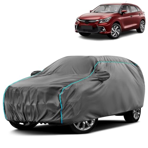 Image of Water-Resistant Dustproof Car Cover for Toyota Glanza - Mirror Pocket, UV Protection, Scratch Guard, Buckle Belt, Front & Back Bottom Elastic with Aqua Blue Piping - Grey