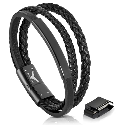 RogueRaven Black Leather Bracelet for Men – Premium Collection – Brown Black Gold Silver | Genuine Leather Mens Bracelet with Stainless Steel Clasp [Adjustable] | In Luxury Gift Box
