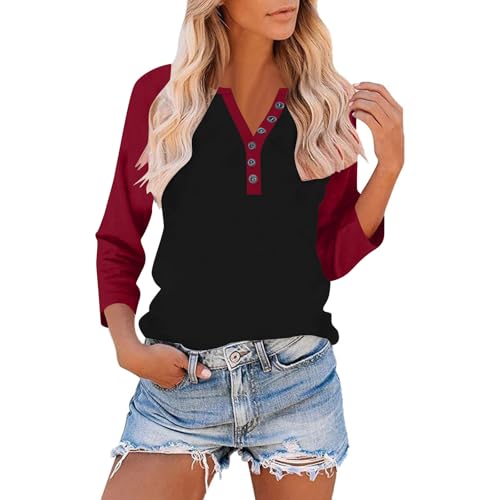 3/4 Length Sleeve Womens Tops Cotton Dressy Button V Neck Henley Shirt Casual Raglan Shirts Color Block Tunic Blouses3