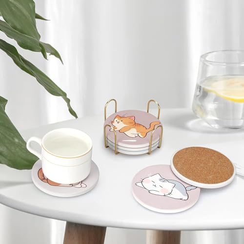 Image of Cute Cats Coasters Set of 6 Catties Lover Gift Coasters with Holder for Table Drink Coaster Cat Themed Gifts Kawaii Anime Decor Office Desk Beverage Fun Cool Bar Cup