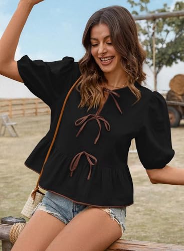 Plus Size Tops for Women Cute Peplum Shirts Spring Trendy Puff Sleeve Blouses Black Round Neck Bohemian Basic Tee Bowknot Light XXL Going Out2