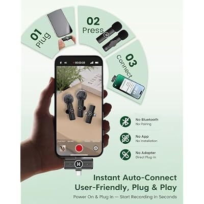 Wireless Lavalier Microphone for iPhone, Android & iPad, Mini Clip on Mic with AI Noise Cancellation, Plug & Play USB C & Lightning Lapel Microphones for Video Recording, TikTok, YouTube, Vlog