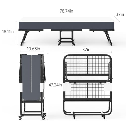 79" x 37" Twin Size Folding Bed for Adults with 5.2" Mattress, Sturdy Portable Foldable on Wheels with Storage Cover, Folding Guest Bed, Rollaway Bed with Metal Frame, Cot Size Extra