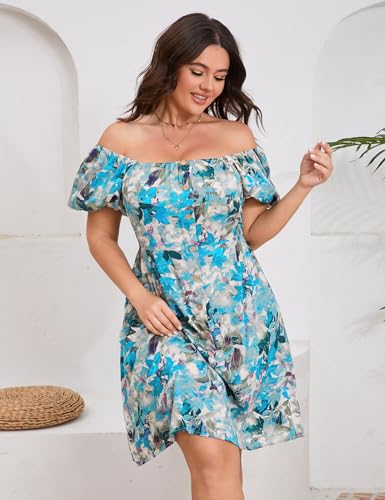 Image of Plus Size Women Boho Floral Dress Puff Short Sleeve Square Neck Button Front A-Line Flowy Summer Casual Midi Dress