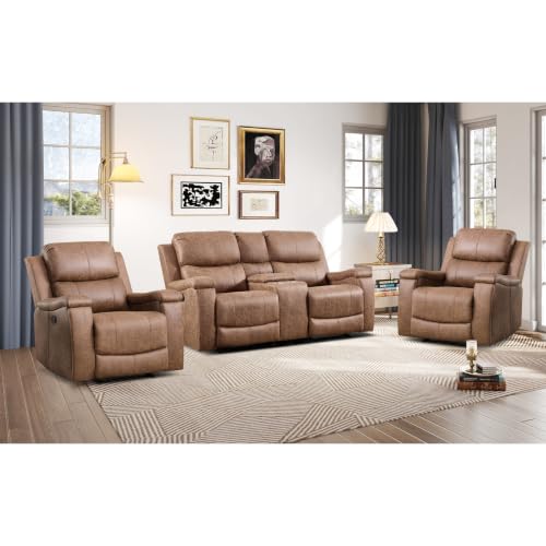 Image of CANMOV Faux Leather Manual Reclining Sofa Set, 2 Manual Recliner Chairs and 2 Seat Recliner Loveseat with Center Console, Hidden Storage and Cup Holders for Living Room,Bedroom Furniture,Nut Brown