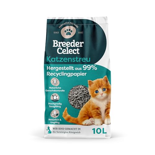 Breeder Celect Natürliches Katzenstreu (10L) - 99% Recyclingpapier, Saugfähige Katzenstreu Pellets, Optimale Geruchskontrolle, Nicht klumpend,...