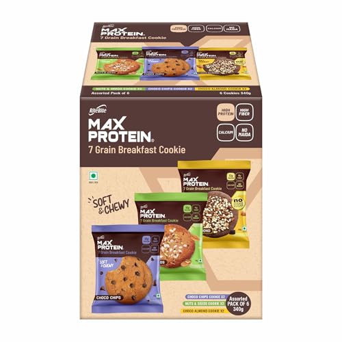 Image of RiteBite Max Protein Assorted Cookies with 10g Protein, 4g Fiber | No Maida, GMO Free, No Preservatives | 7 Grain Breakfast Cookies, 55g (Pack of 6)