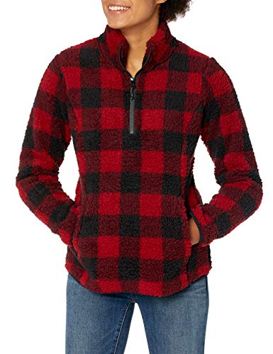Amazon Essentials Polar Fleece Lined Sherpa Quarter-Zip Jacket Outerwear-Jackets, Rojo Buffalo Plaid, US M (EU M - L)
