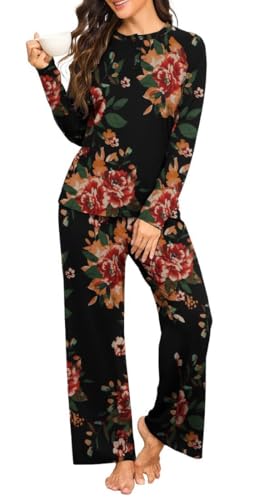 PrinStory Schlafanzug Damen Lang Rundhals Langarm Pyjama Damen Schlafanzugoberteile Und Pyjamahose Mit Taschen Lounge Set (Rot-Schwarze Blumen, XL)