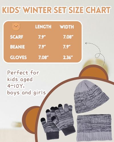 Image of Kids Winter Hat Gloves Scarf Set,Mixed-color Beanie hat Knit Neck Fleece Lining Touchscreen Gloves for Girls Boys 4-10Y