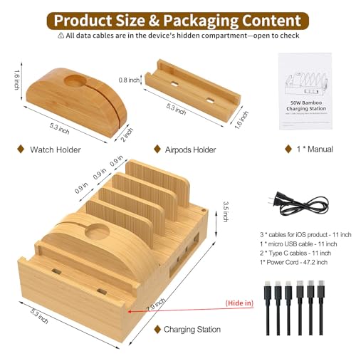 Bamboo Charging Station for Multiple Devices, Alltripal Wood Desktop Docking Station 7-Port Multi-Charger Organizer Fast USB Charger Compatible with iPhone, iPad, AirPods, iWatch, Cell Phone, Tablet