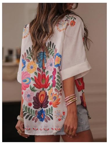 GORGLITTER Women's Fall Western Shirts Floral Oversized Button Down Blouses Short Sleeve Collared Boho Tops2