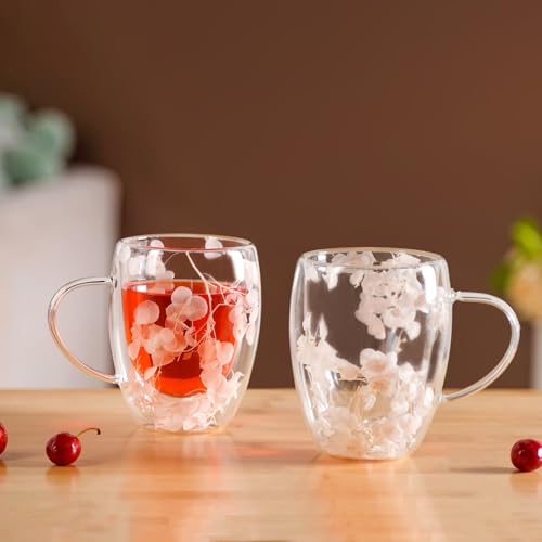 Image of Nestasia Double Wall Glass Mug with Dried Flowers Set of 2 (350ml Each) - Transparent Borosilicate Floral Glass Tea Cups | Lightweight & Durable Coffee Mugs - Perfect for Gifting (Peach)