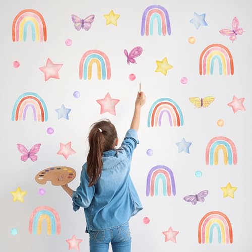 Geliking Rainbow Wall Stickers, 94 Pieces, Watercolor Rainbow Heart Sun Star, PVC, Matte, Colorful, Whimsical, Indoor, Wall Stickers - Image 2