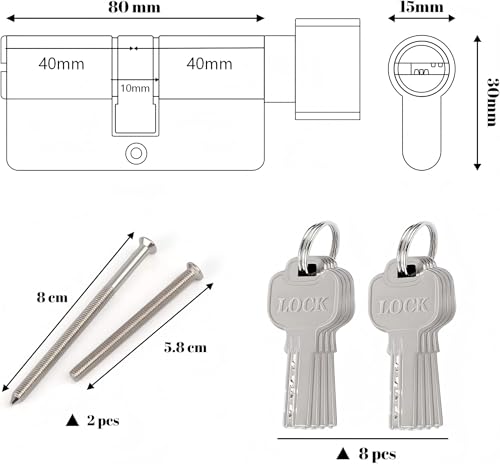Hengsong Zylinderschloss 40/40,Schließzylinder mit Knauf,Profil-Knaufzylinder,Zylinder 40/40 Metallsilber-Knaufzylinder inkl. 8 Schlüssel aus Zinklegierung