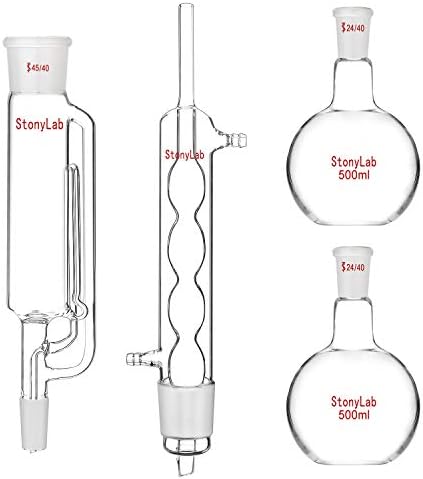 StonyLab 500ml Soxhlet Type Extraction Apparatus, Borosilicate Glass 45/40 Soxhlet Extractor with Allihn Condenser and 2 500 ml Flat Bottom Flasks with 24/40 Joint, Complete Unit