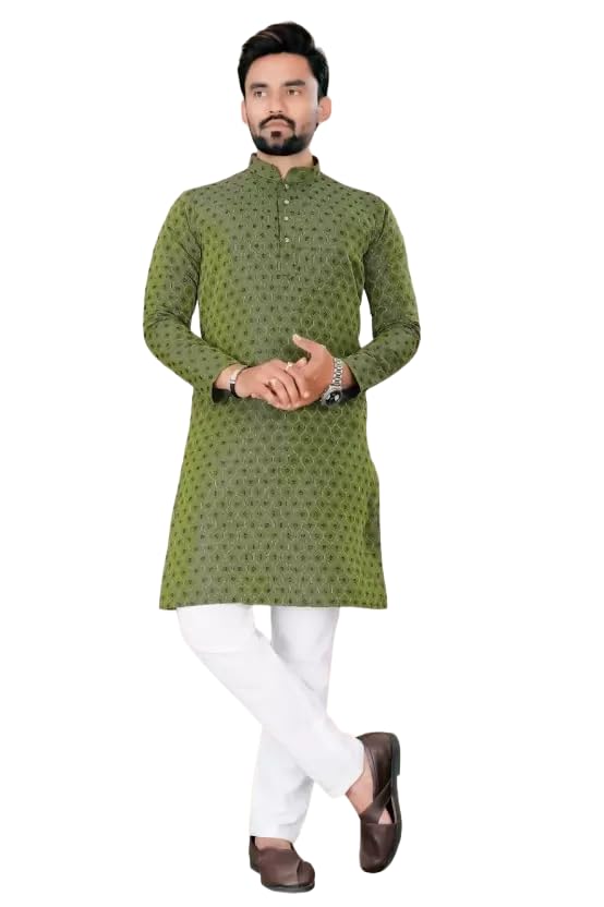 valaki Kurta Pajama Set for Men Cotton Blend Kurta Pyjama (Olive Green, L)-picture-53