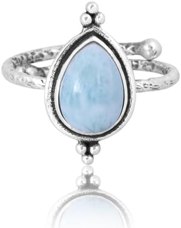 PANOPLY 925 Sterling Silver Hammered Oxidized Adjustable Ring, 7x10mm Natural Pear Shape Gemstone, Elegant Women's Jewelry Gift
