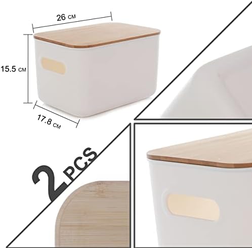 Bienvoun 2 Pack Storage Box with Bamboo Lid Plastic Storage Boxes Stackable Storage Baskets for Shelves Kitchen Bathroom Toy Organiser White 6.5L, 25.7 x 17.7 x 15.5 cm