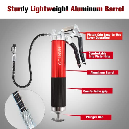 Grease Gun, 8000 Psi Pistol Grip Grease Gun Kit With 14 Oz Load, Heavy Duty Professional Quality, Anodized Aluminum Barrel.18 Spring Flex Hose, 6" Straight & 6" Angled Tube, Coupler & Needle Nozzle #TOP2