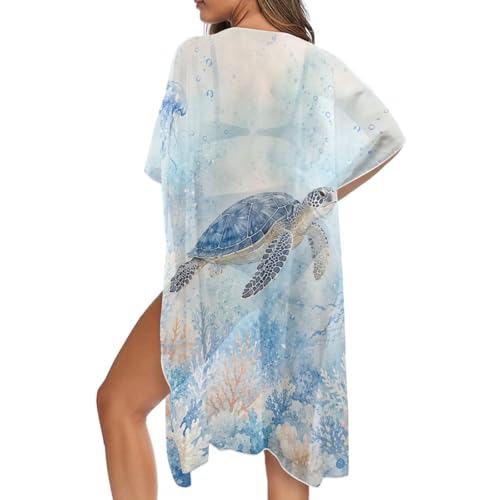 STUOARTE Womens Swimsuit Cover Ups Sea Turtle Printed Kimono Cardigan Bathing Suit Coverups Long Sheer Bikini Beach Coverups for Swimsuits Open Front Swimwear Cover Up