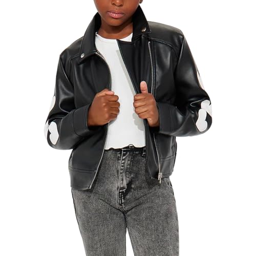 Trifoliate Girls Black Motorcycle Leather Jacket – Style Biker Outerwear Jackets with Heart Sleeves (7-14)