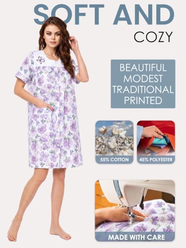 Image of Casual Nights Women's Snap - Front House Dress Short Sleeve Woven Housecoat Duster Lounger Robe with Pockets