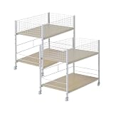 [山善] 【2個組】 押入れ(クローゼット)収納 ラック 幅44×奥行75×高さ64.5cm ストッパー付きキャスター 上段かご・下段棚板 ネット・棚板取り外し可能 組立品 ナチュラル(木目) NOSR-7544(NM/NMW)