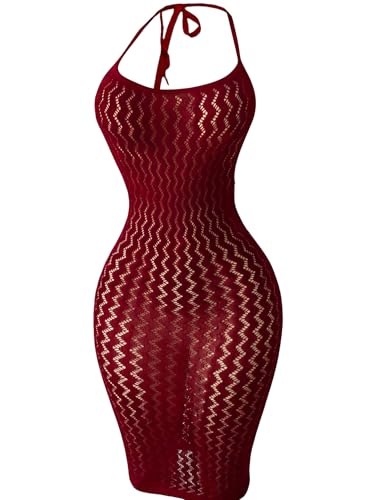 OYOANGLE Womens Fishnet Mesh Halter Lingerie Dress Sexy Bodycon Hollow Out See Through Chemise Beach Cover Up Dress Burgundy One Size