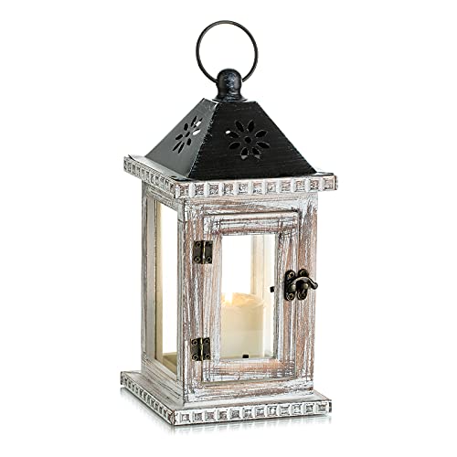 Rustic Wooden Candle Lantern Decorative Farmhouse - Vintage Wood Lantern for Home Living Room Fireplace Mantel Patio Table Christmas Festive Country Decor Rustic Wedding Decoration, Whitewashed