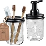 Mason Jar Bathroom Accessories Set - Includes Mason Jar Foaming Hand Soap Dispenser and Toothbrush Holder - Rustic Farmhouse Decor Apothecary Jars Bathroom Countertop and Vanity Organizer (Black)