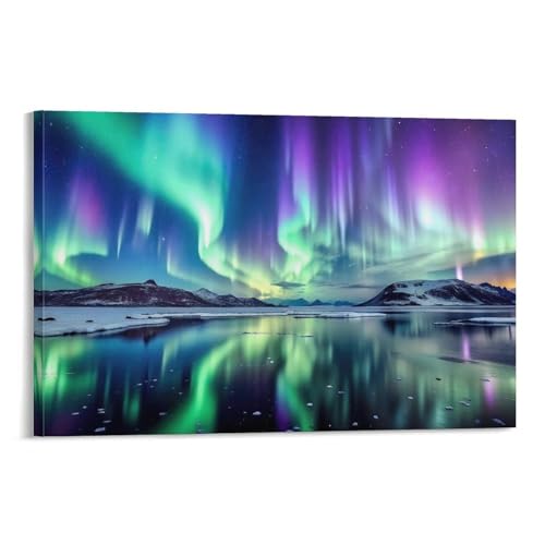 Blue Aurora Northern Lights Landscape Canvas Wall Art - Framed