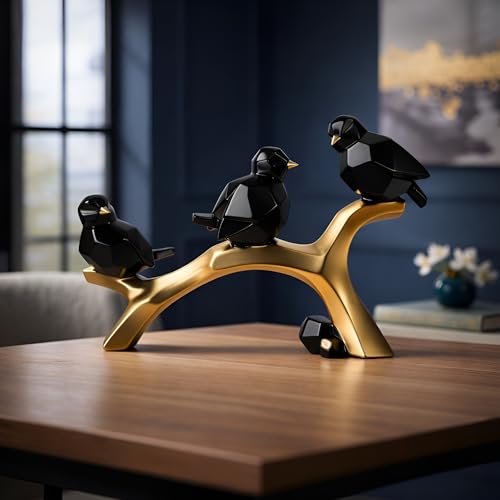 Image of Xtore Artistic Geometric Bird Figurine on Branch for Home & Office Decor | Contemporary Black & Gold Sculptural Showpiece for Living Room, Shelf & Console Styling (29.5 cm)