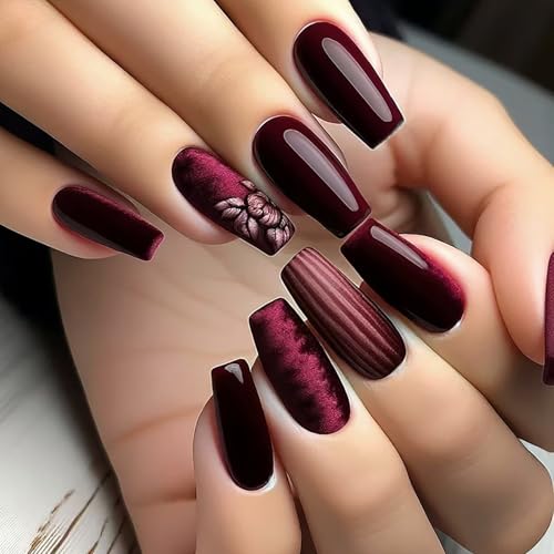 Wine Red Press on Nails Medium Length Flower Stripe Pattern Design False Nails Artificial Coffin Nails Full Cover Glossy Acrylic Nails Solid Color Stick on Nails Ballet Shaped Glue on Nails for Women