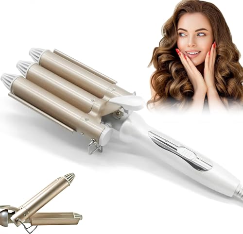 Feadem 3 Barrel Curling Iron, Tourmaline Ceramic Heater, Quick Heating Electric Hair Waver, 4 Inches x 6 Inches, Golden Hair Crimpers
