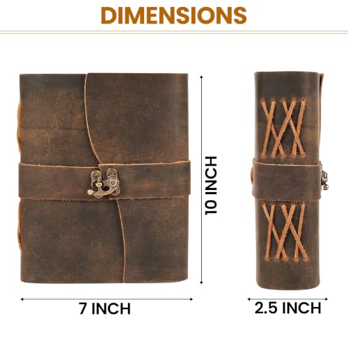 Image of LEATHER VILLAGE Leather Journal for Women & Men - Vintage Leather Bound Journal with Lock - Book of Shadows, Writing & Travel Journal - 200 Pages Handmade Deckle Edge Paper -10 inchx7''- Distressed Brown