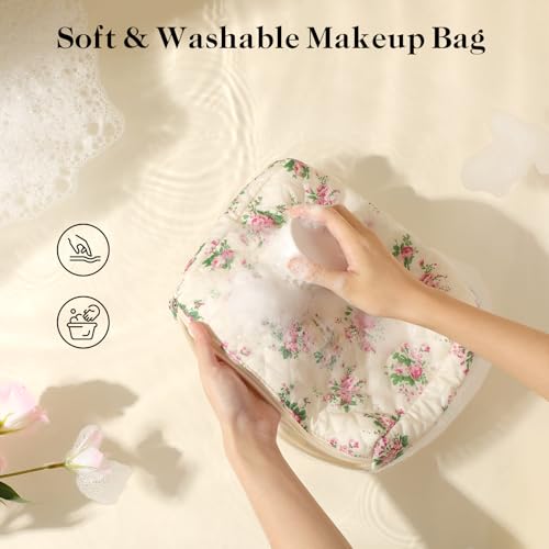 Makeup Bag 3Pcs, Cute Makeup Pouch, Quilted Make up Bag for Women, Large Travel Cosmetic Organizer, Zipper Pouch, Pink Flower4