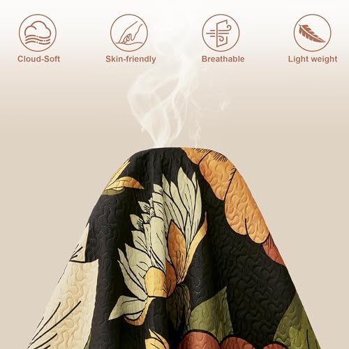 Tyrot 3 Piece Black Boho Floral King Size Quilt Sets Reversible Farmhouse Botanical Lightweight Bedspread Coverlet with 2 Shams Mid Century Microfiber Bedding Quilts Set for All Season,106''x96''