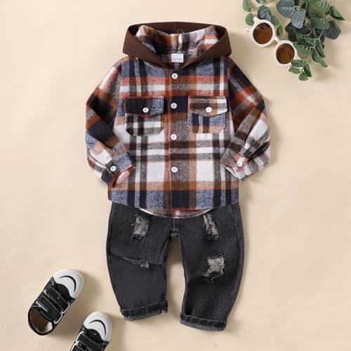 Image of Toddler Baby Boy Fall Winter Clothes Long Sleeve Plaid Hooded Sweatshirt Ripped Holes Jeans Set 1-5 Years Old