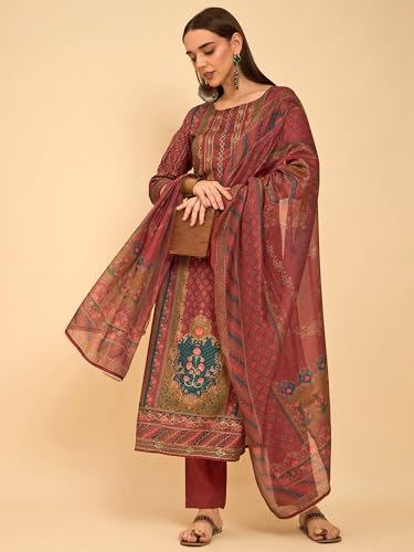 Image of SheWill Kurta Sets for Women - Red Rayon Aari Hand Work with Digital Floral Print Kurta with Pant and Chanderi Dupatta |Stylish Printed Summer Kurti Set