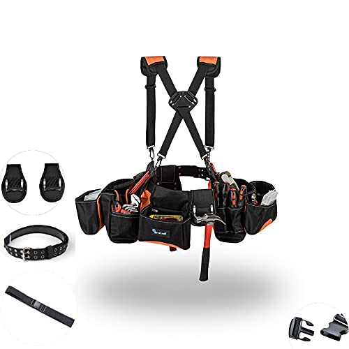 Tool Belt for Men,Premium Tool Pouch for Carpenters Tools,Construction Tools, Roofing belt– Innovative Suspender,poly web waist belt,2 Hammer Holder,Tool Belt with Suspenders(ORANGE)…