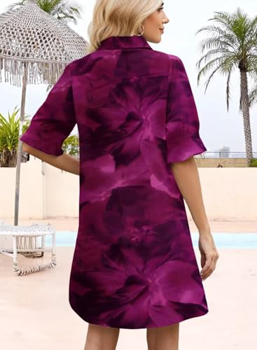 Image of Womens Summer Shirt Mini Dresses 2026 Beach | Flowy Shift Dress, Button V Neck, Polo Collar, Ruffle Short Sleeve, Floral Boho Style, Casual Vacation Outfits with Pockets